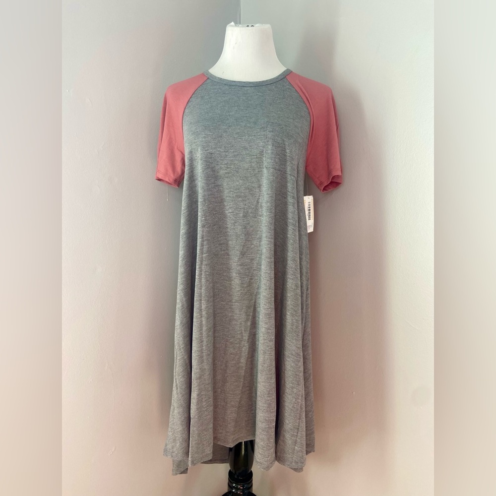 LuLaRoe Carly Dress Gray and Pink Baseball Sleeves